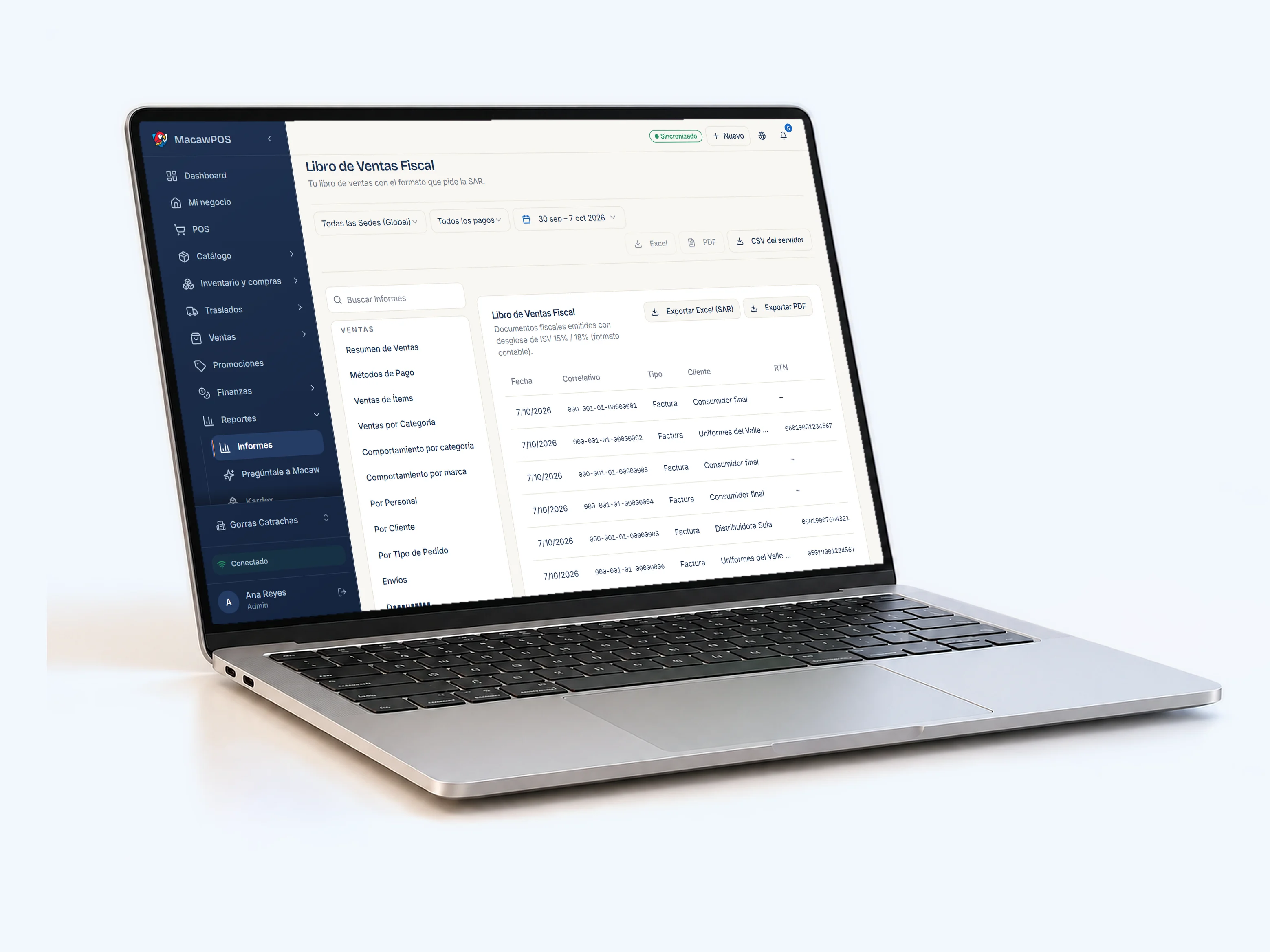 Libro de ventas fiscal de Macaw Suite en una laptop, con correlativos y RTN.