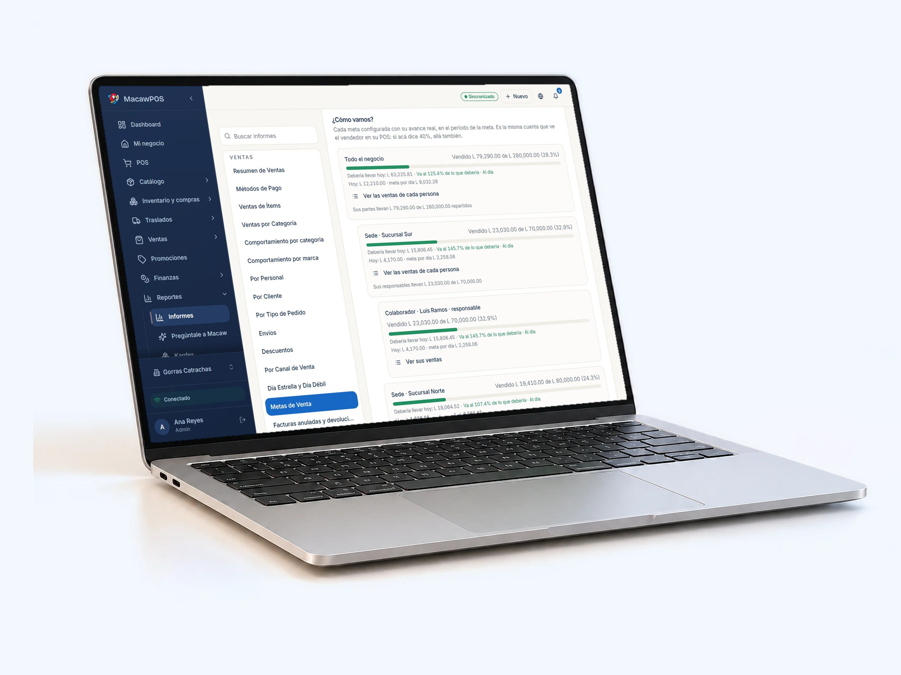 Informe de metas de Macaw Suite en una laptop, con el avance de cada sucursal y persona.